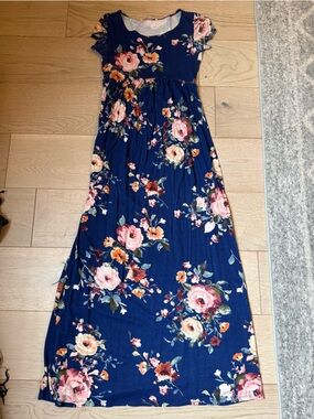 Navy Floral Maxi Dress with Pink & Peach Blooms